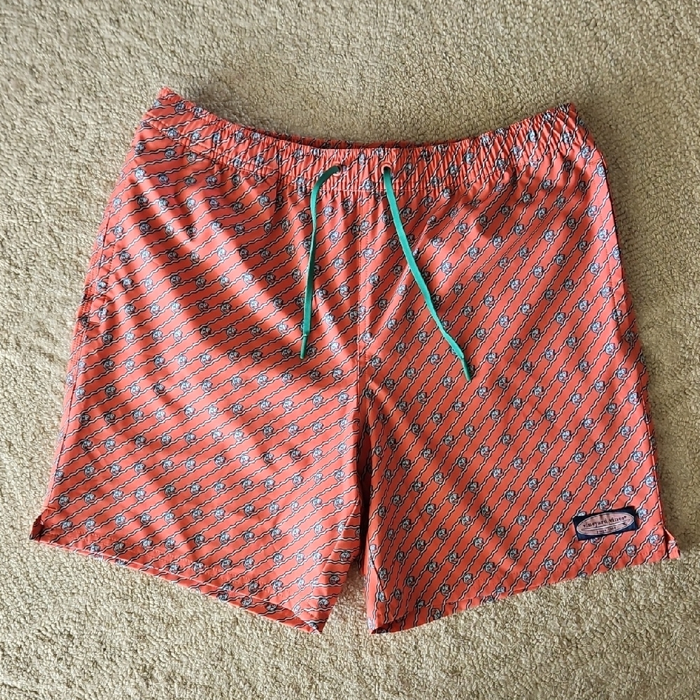 Men's Vineyard Vines Orange & Blue Fish Print Swimming Trunks Size Medium